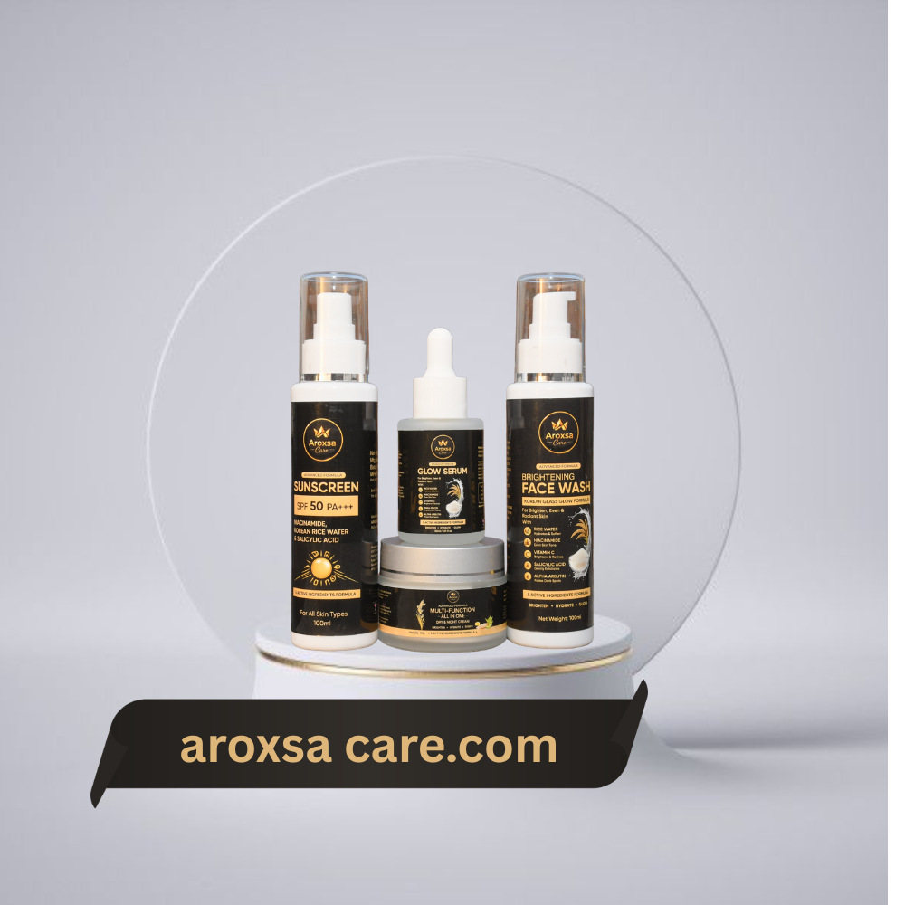 4 step Korean glass skin routine active ingredients skincare kit, complete skincare routine, Aroxsa Care products
